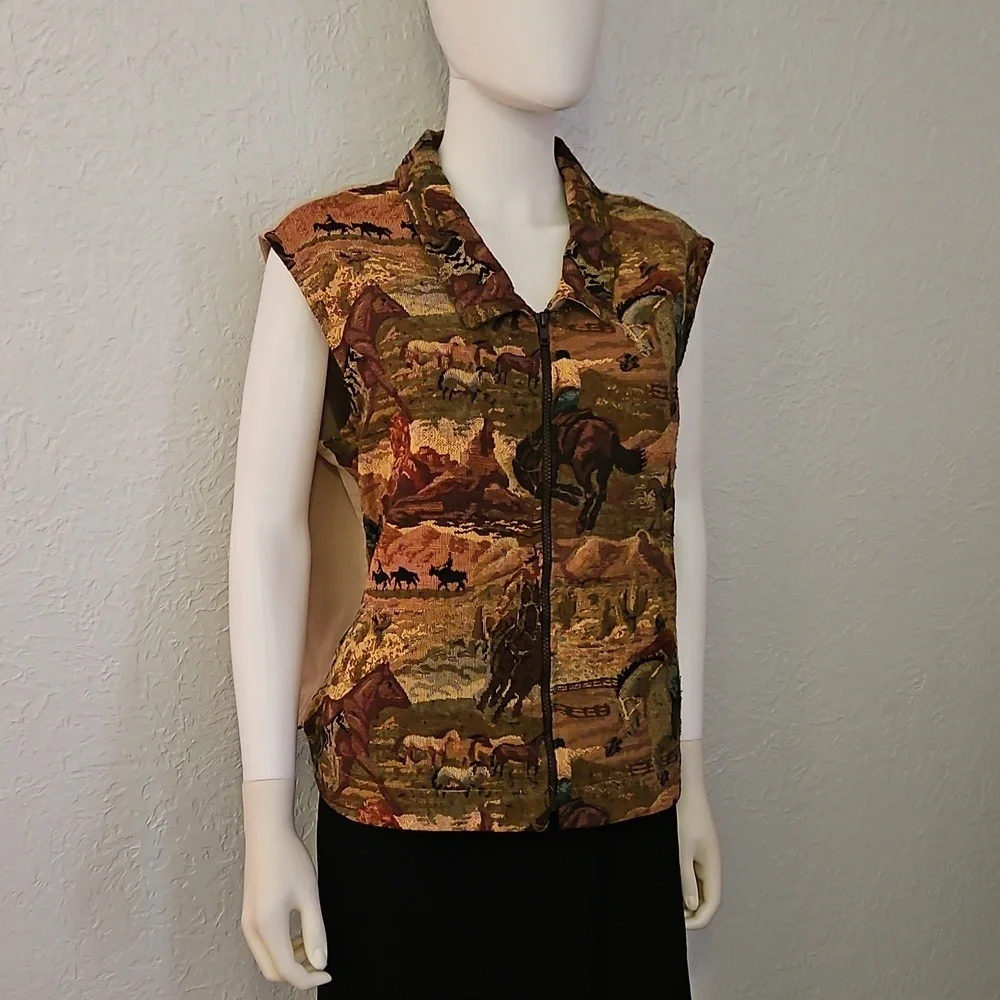 Vtg SADDLE RIDGE 1980s Western Equestrian Horse Tapestry Zipper Vest - Picture 2 of 11